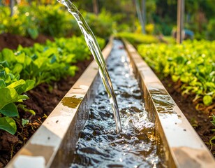 Water flowing through a channel in a garden