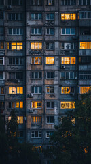 Fototapeta premium Facade of an old high-rise apartment block at night, lit windows glowing with warm light, graffiti and urban atmosphere