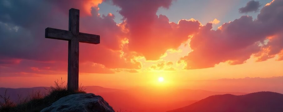 A tranquil scene depicting a rustic wooden cross standing tall against a vibrant sunset, symbolizing faith, hope, and the beauty of nature's creation , christ, landscape