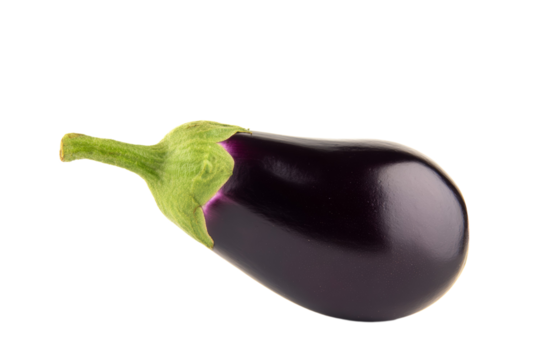 Fresh purple eggplant on white background with green stem highlight