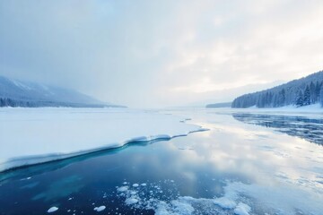 Fototapeta premium A stark, icy landscape stretches to the horizon, frozen lake reflecting a pale winter sky Perfect for winter, frost, cold, bleak backgrounds , abstract, landscape, chilling