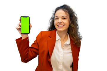 Cheerful businesswoman holding smartphone with chroma key display, promoting mobile app or website on transparent background