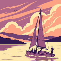 Naklejka premium Sailing boat with people on calm water during sunset with colorful sky and distant hills serene landscape