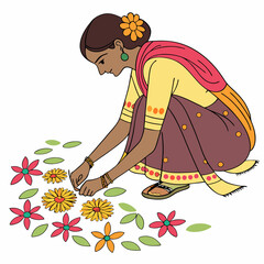 Indian woman vector illustration creating flower rangoli, Editable vector illustration for social media banners, posters, and packaging design