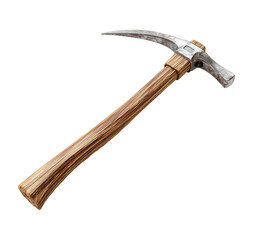 A  pickaxe with a light-brown wooden handle and a  metal  head.  It's angled