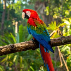 Obraz premium A majestic Scarlet Macaw parrot showing off its vibrant red and blue plumage while perched on a tree branch in a lush jungle