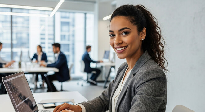Smiling portrait professional it specialist latin hispanic business lady working on laptop pc sitting in modern office. Young middle eastern indian woman using computer technology for work. Copy space