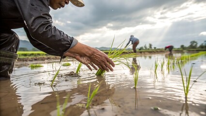 Farming hands planting rice crops