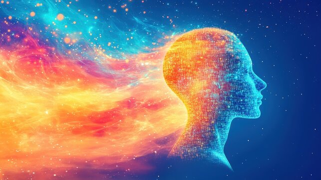 Abstract digital brain with artificial intelligence. Neural mind and future technology form data intelligence. Conceptual science, vibrant colors, matrix, glowing network, futuristic design, cosmic