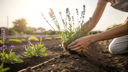 Gardening hands with lavender plants