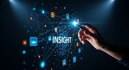 Connecting the dots and insight concept. A hand draws light lines to connect random data points, revealing a hidden pattern with the word "INSIGHT."