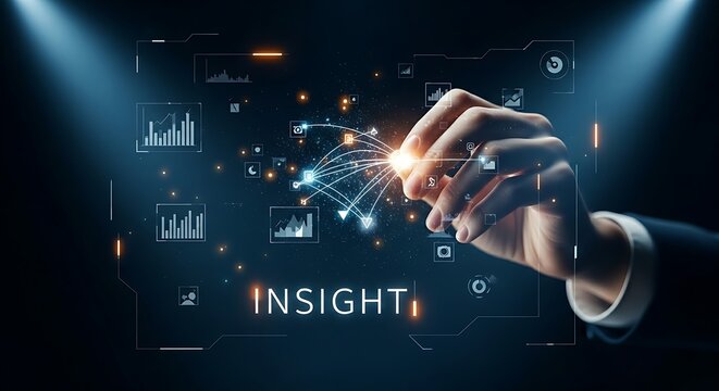 Connecting the dots and insight concept. A hand draws light lines to connect random data points, revealing a hidden pattern with the word "INSIGHT."