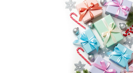 Fototapeta premium Pastel Gift Boxes and Christmas Decorations on White Background with Copy Space