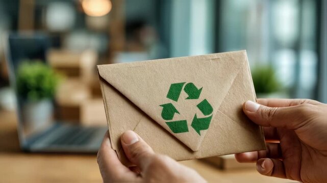 Selective focus on a worker sealing a ecoconscious recyclable mailer envelope with blurred office environment behind to stress green packaging efforts.