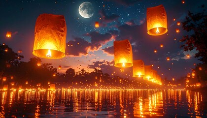 Lanterns floating over a serene lake at night