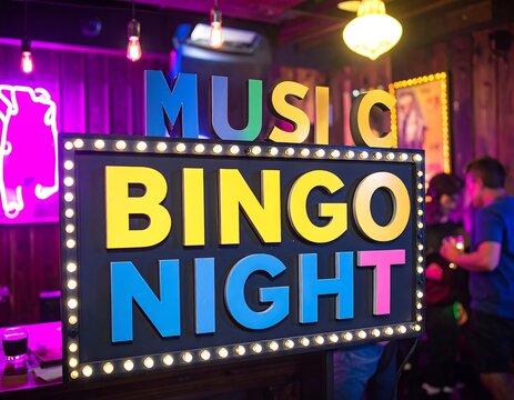 Vibrant sign announcing a music bingo night in a dimly lit venue