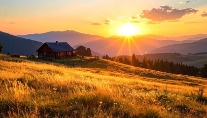 Golden sunset over mountain meadow