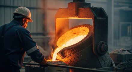 Industrial worker supervises molten metal pouring from large crucible in steel foundry workshop, maintaining safety and efficiency in high temperature manufacturing environment