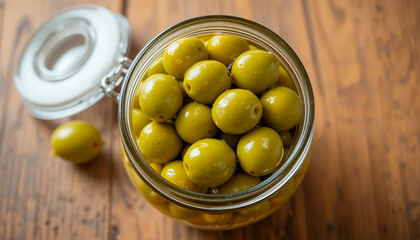 Azeitonas verdes em conserva caseira em pote de vidro