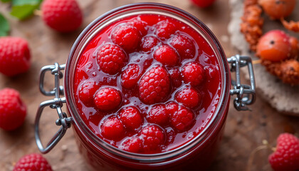 Compota caseira de framboesa em pote de vidro r&uacute;stico