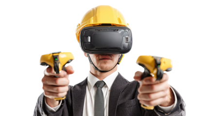 Businessman in VR helmet, holding controllers