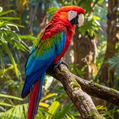 Stunning profile of a wild Scarlet Macaw, a vibrant jewel of the rainforest, resting on a mossy branch in its natural habitat