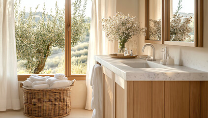 Bright bathroom vanity with sink and towels overlooking nature