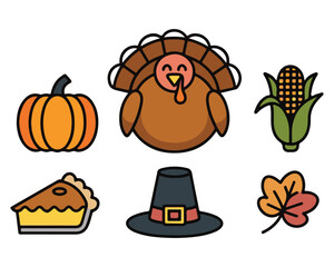 Happy Thanksgiving Vector Illustration with Turkey, Autumn Leaves, Corn and Pumpkin Pie