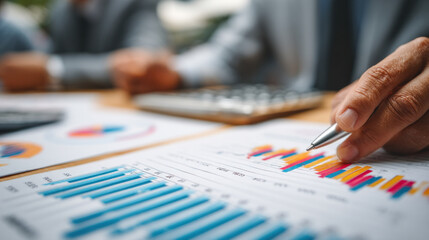 Close up of a hand holding a pen, pointing to colorful charts and graphs on a financial report, conveying analysis, data interpretation, and meticulous decision making.