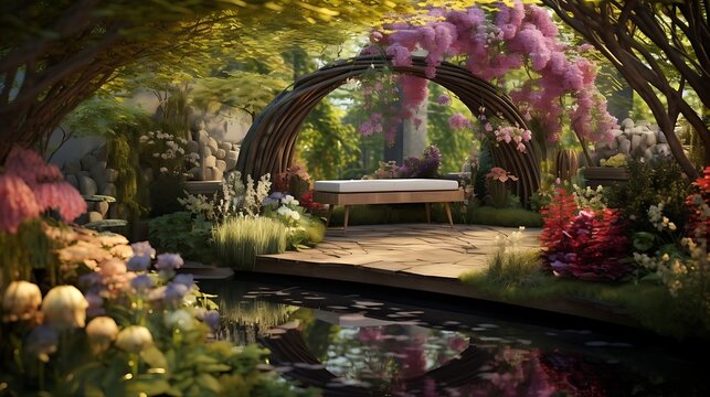 Tranquil garden retreat with blossoming flowers archway over serene pond reflecting nature