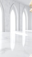 White marble interior with arched windows