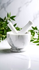 White marble mortar and pestle with greenery