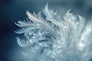 Intricate ice crystals resembling delicate feathers, adorned with water droplets, create a stunning winter scene.