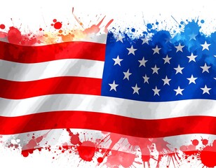 Watercolor American flag, waving in the wind