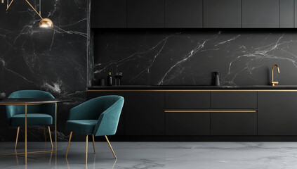 Modern black kitchen with marble accents and teal chairs