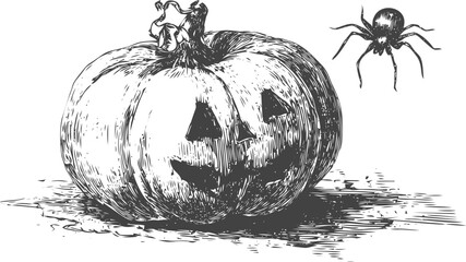 Jack o lantern sketch with carved face and spider, hand drawn Halloween scene — stock vector