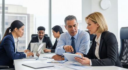Team of diverse partners sitting at table mature Latin business man and European business woman discussing project on laptop in office. Two colleagues of professional business people working together.