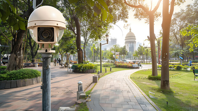 Surveillance camera in a city park with a domed building in the background