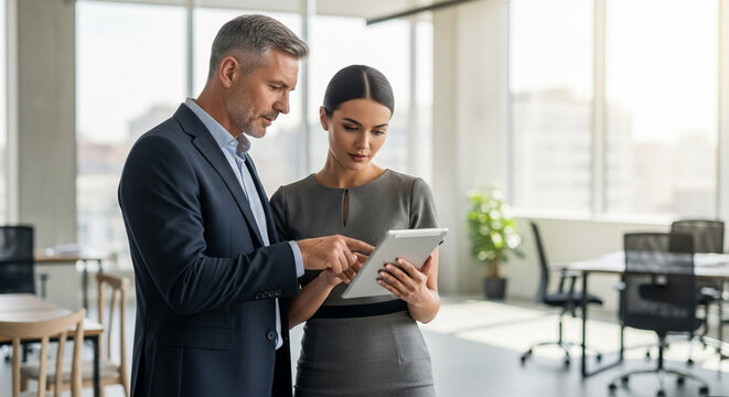 Team of mature senior leader man in suit and young employee woman discussing project on tablet standing in office. Two colleagues of professional business people looking at screen device. Vertical