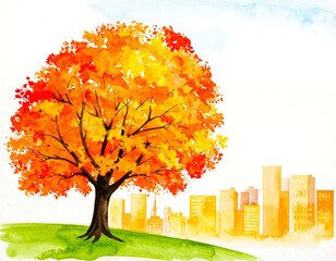 Watercolor autumn tree in city