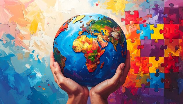 Hands holding a globe, surrounded by colorful puzzle pieces