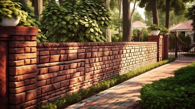 Tranquil suburban garden scene featuring a brick wall and lush greenery under soft sunlight
