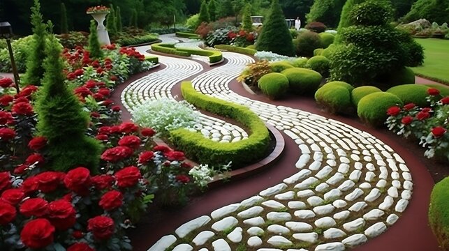 Tranquil sculpted garden pathway adorned with vibrant roses and manicured greenery landscape