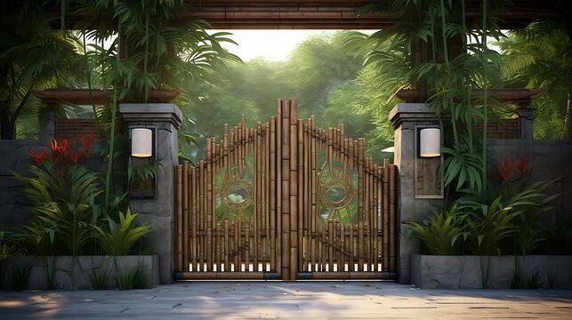 Tranquil tropical entrance showcasing bamboo gates and lush foliage creating a serene and inviting