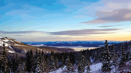 Snowy mountain landscape with evergreen forest and distant lake at sunset winter.