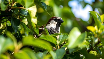 Sparrow nestled in leafy green foliage