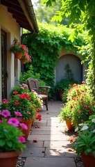 Obraz premium Vibrant patio garden overflowing with colorful flowers and lush greenery in terracotta pots, creating a relaxing outdoor oasis Perfect for summer, spring, or fall ambiance , stems, home decor