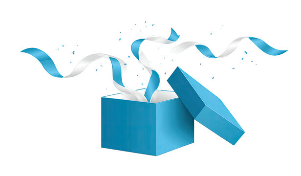A teal gift box bursts open with white ribbons,  filled with confetti