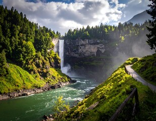 Fototapeta premium Lush green valley with a powerful waterfall