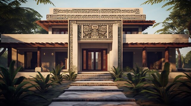 Tropical elegance: modern home design with cultural decorative elements and lush landscaping near
